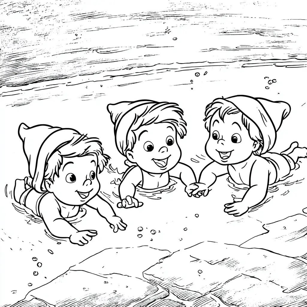 Dibujo de Tres pequeños nadando para colorear Dibujo de Tres pequeños nadando para colorear
