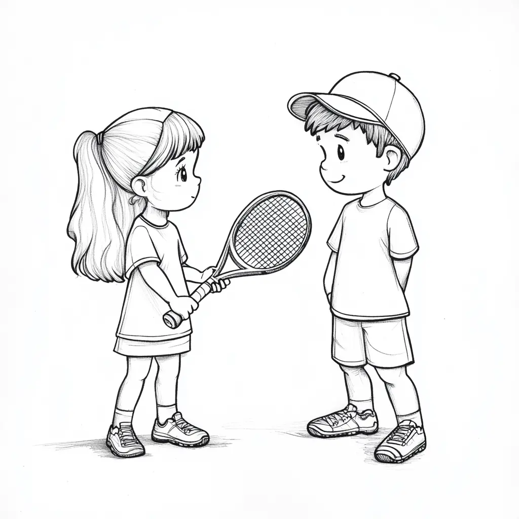 Dibujo una raqueta, dos amigos para colorear Dibujo una raqueta, dos amigos para colorear