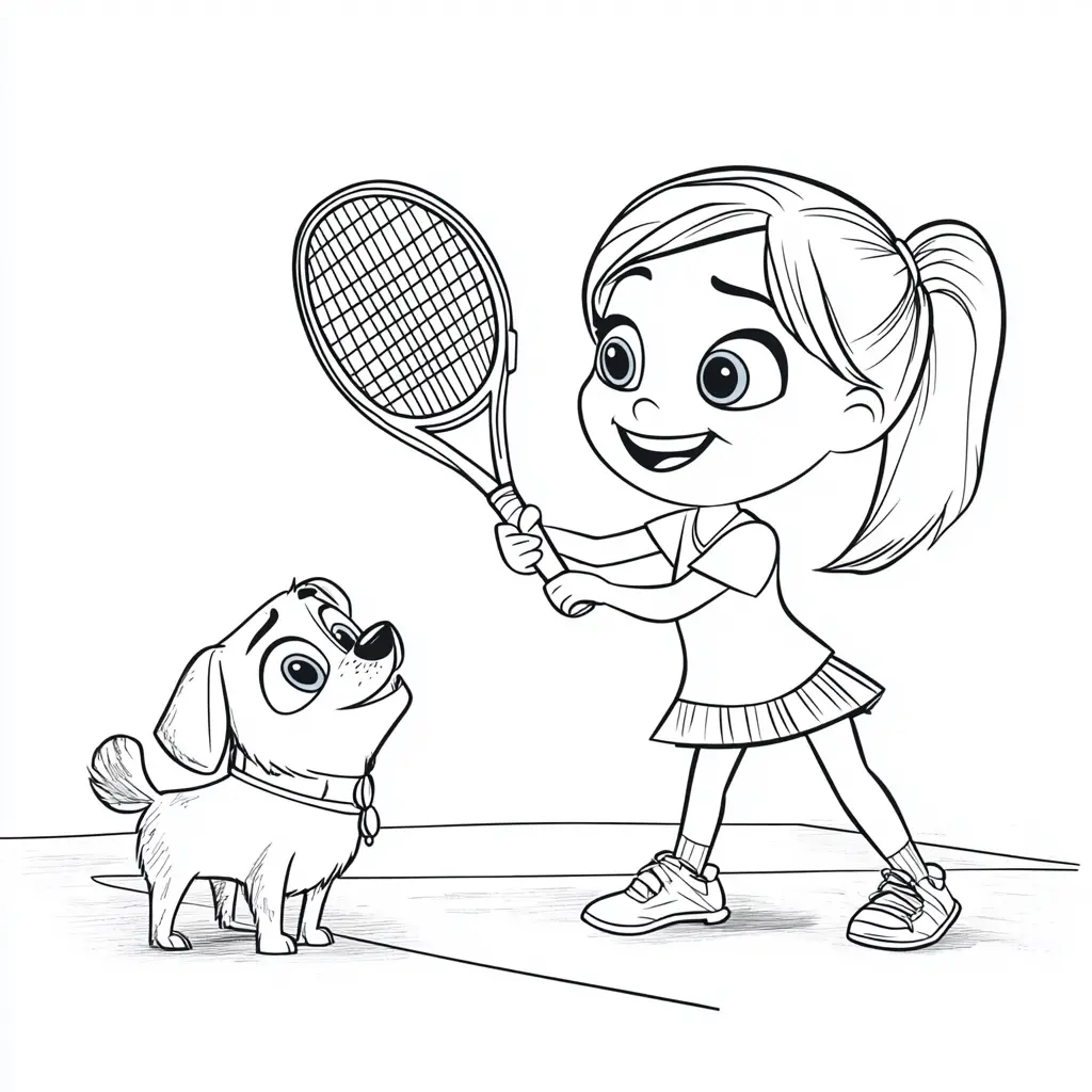 Dibujo niña tenista y perrito para colorear Dibujo niña tenista y perrito para colorear