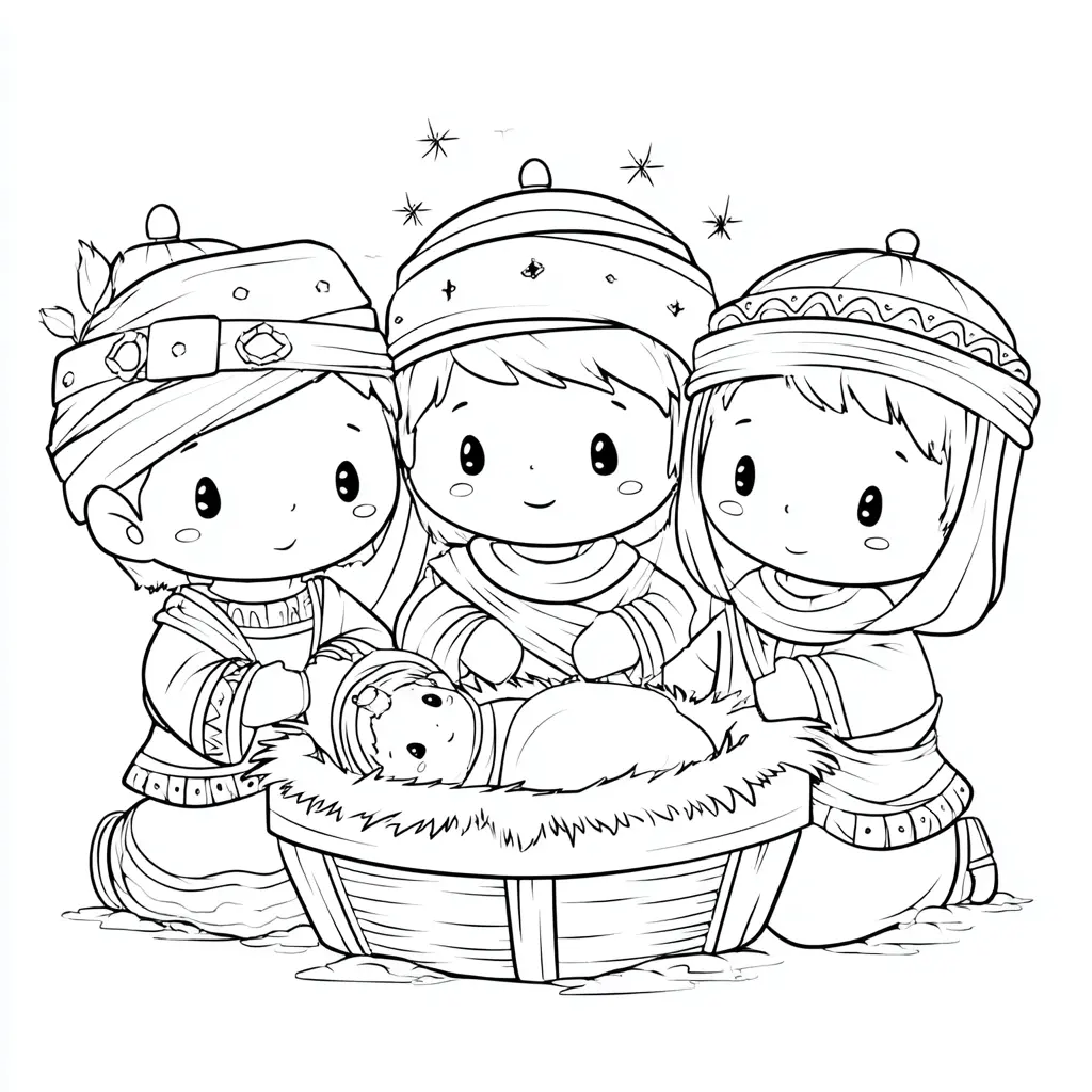 Dibujo de Los Reyes Magos visitan al niño Jesús para colorear