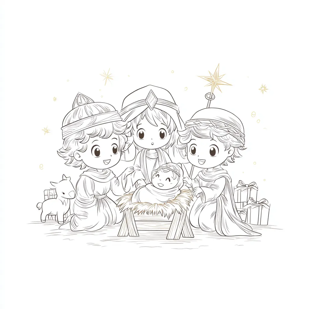 Dibujo de Los Reyes ante el pesebre para colorear