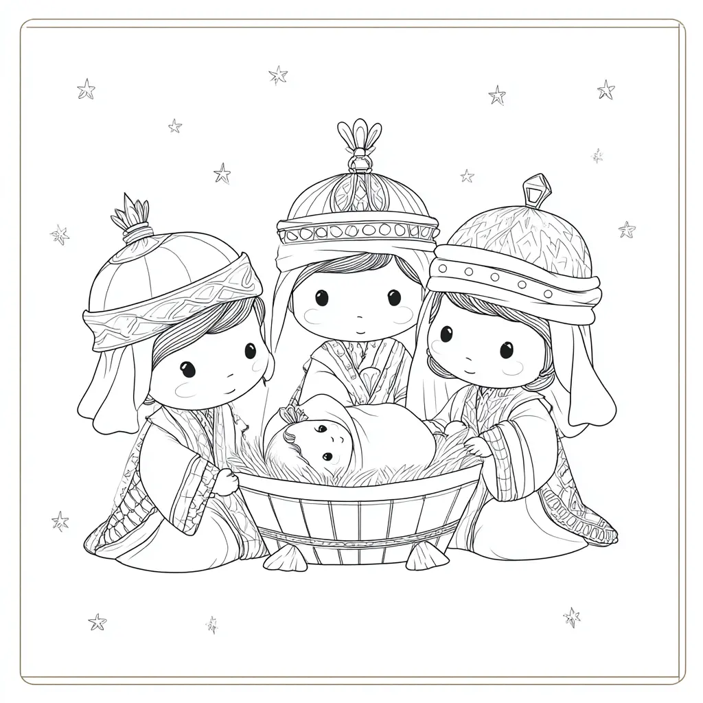 Dibujo de Los Reyes Magos y el niño Jesús para colorear