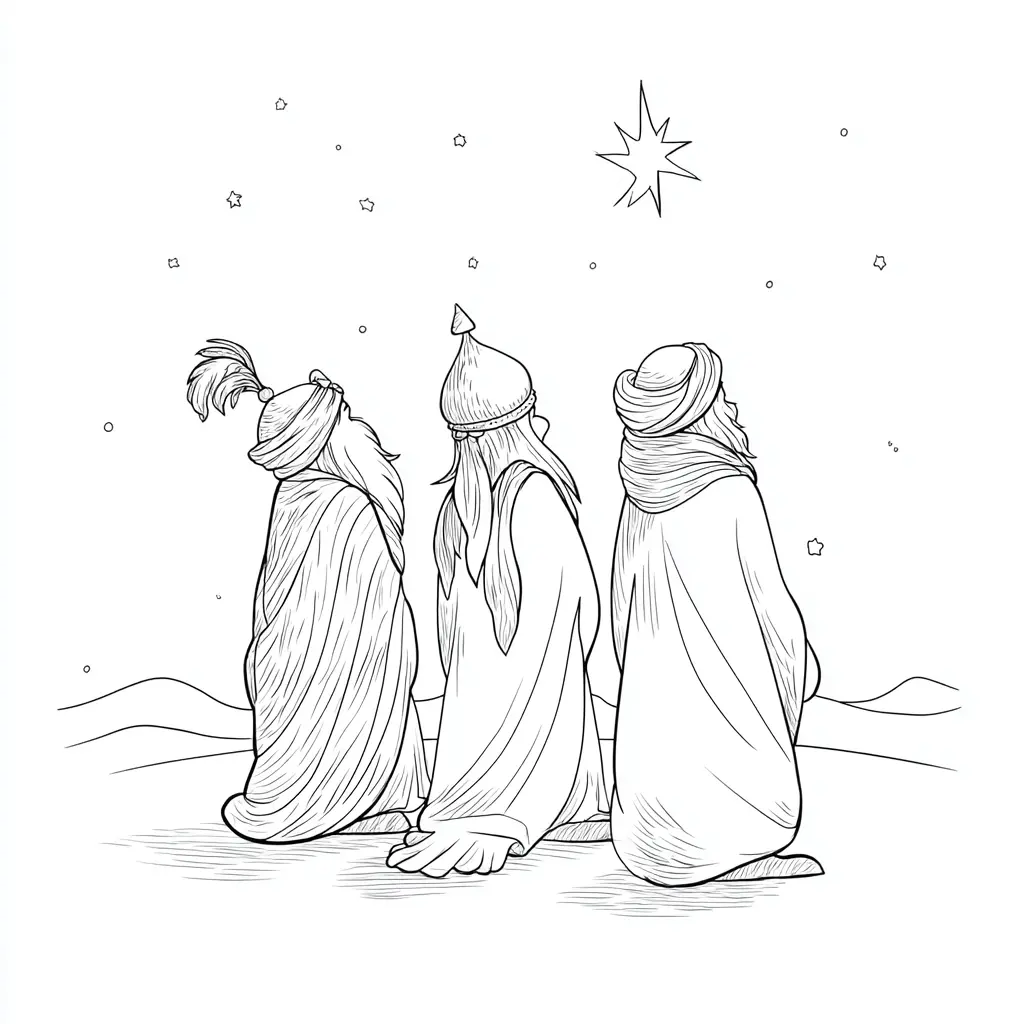 Dibujo de Los Reyes Magos guiados por la estrella para colorear