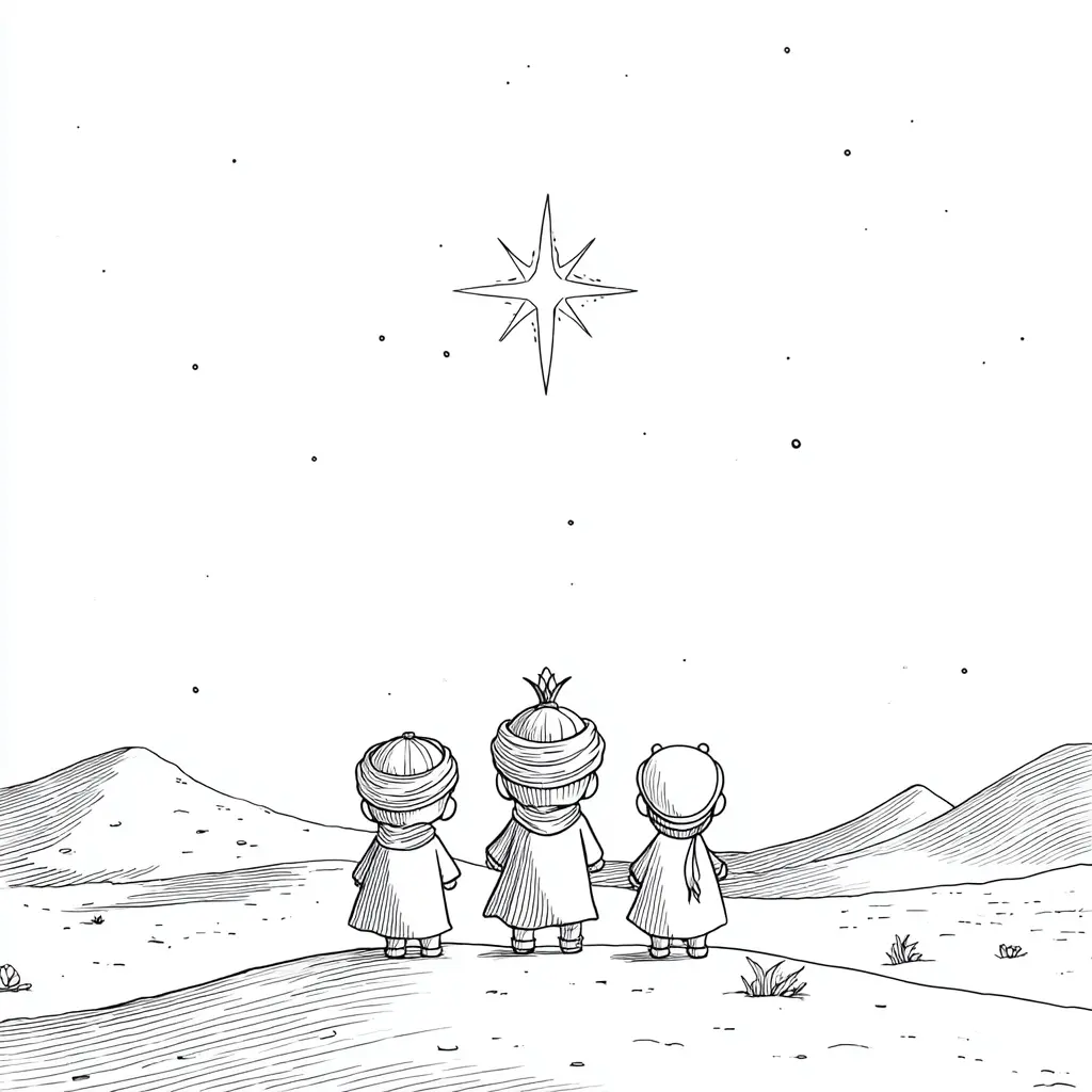 Dibujo de Los Reyes bajo la luz de la estrella para colorear