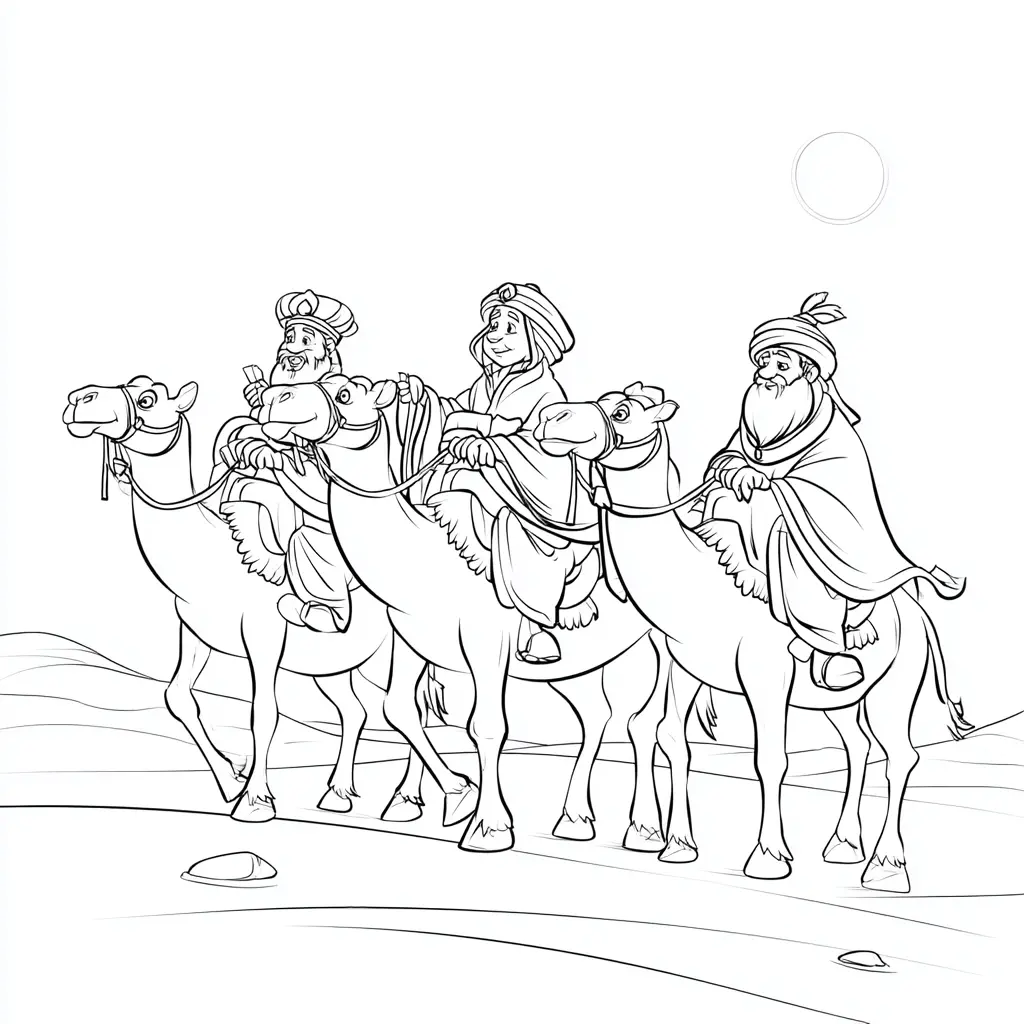 Dibujo de Los Reyes Magos viajando a Belén para colorear