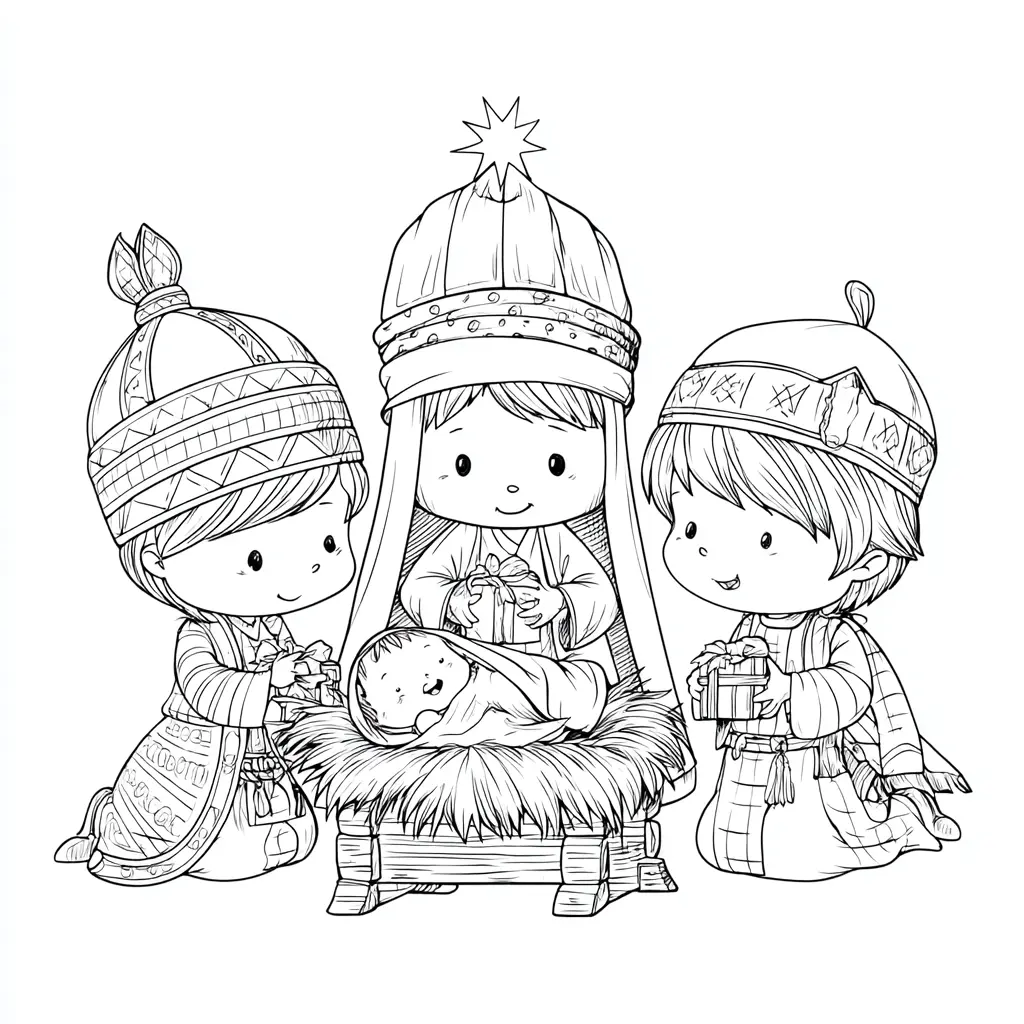 Dibujo de Tres Reyes ante el niño Jesús para colorear