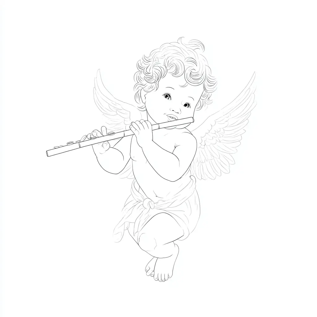Dibujo de lindo ángel con flauta para colorear