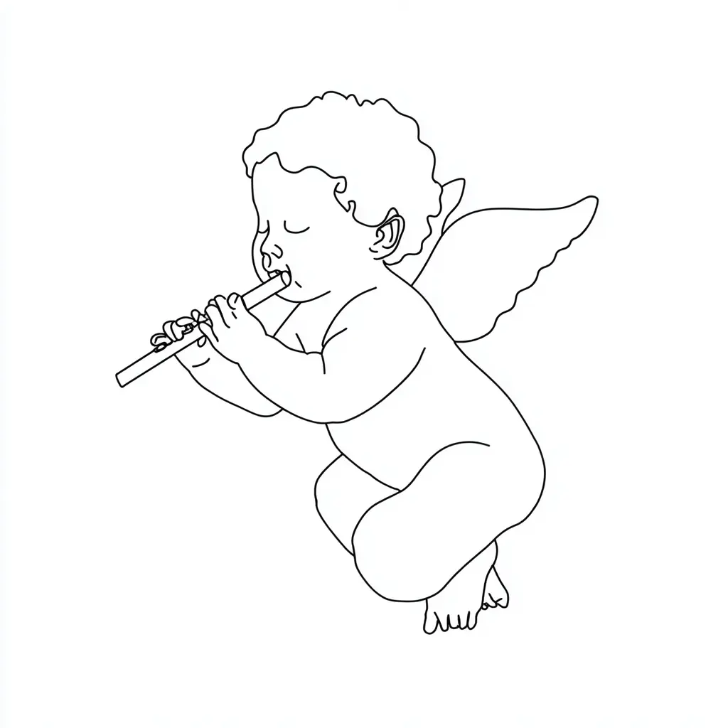 Dibujo de querubín con flauta para colorear