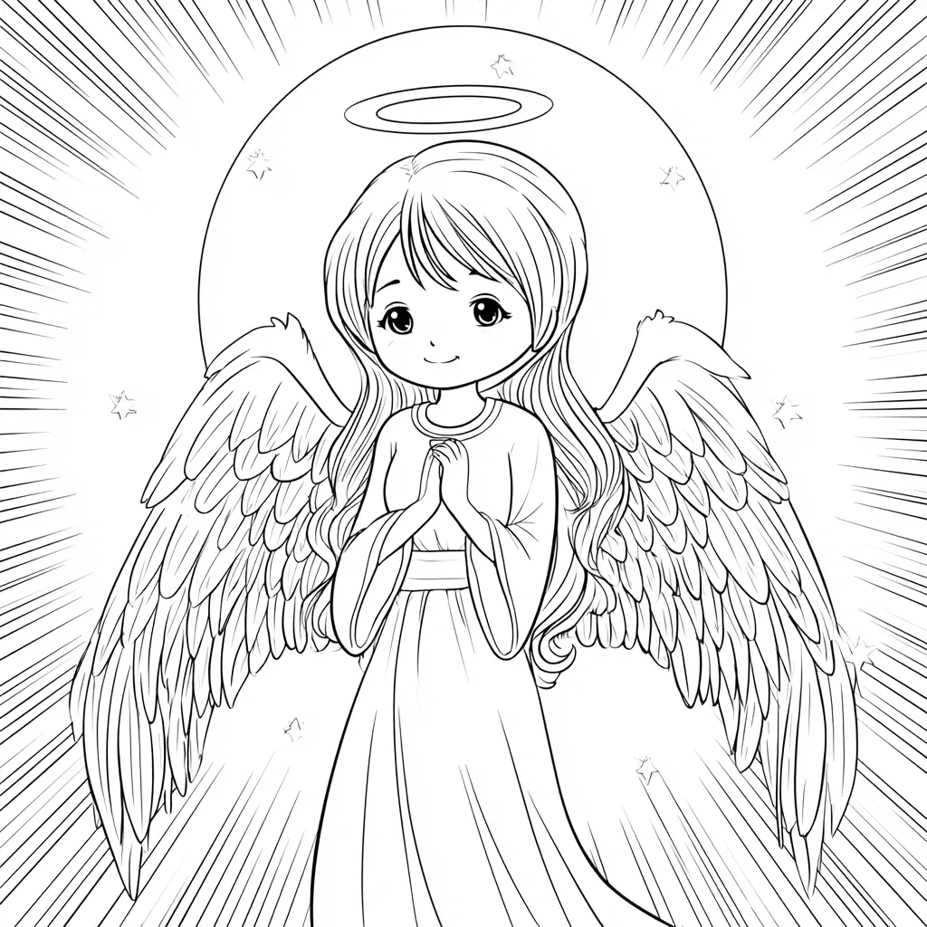 Dibujo de un ángel con aura para colorear
