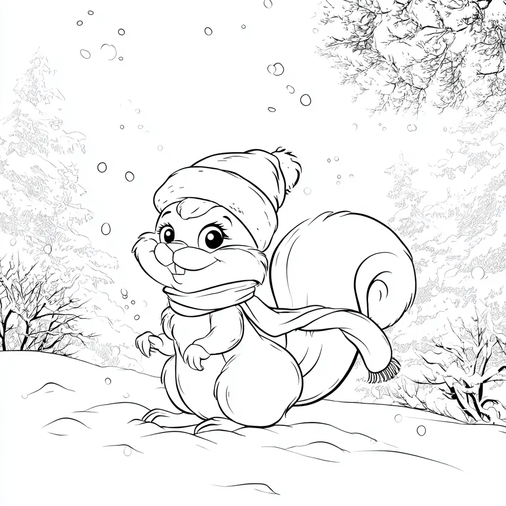Dibujo de ardilla en el bosque nevado para colorear Dibujo de ardilla en el bosque nevado para colorear