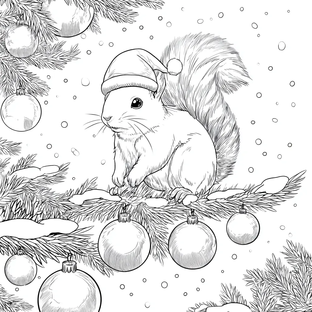 Dibujo de ardilla navideña en una rama decorada para colorear Dibujo de ardilla navideña en una rama decorada para colorear