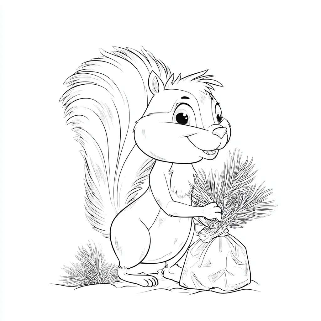 Dibujo de ardilla y su saco de piñas para colorear Dibujo de ardilla y su saco de piñas para colorear