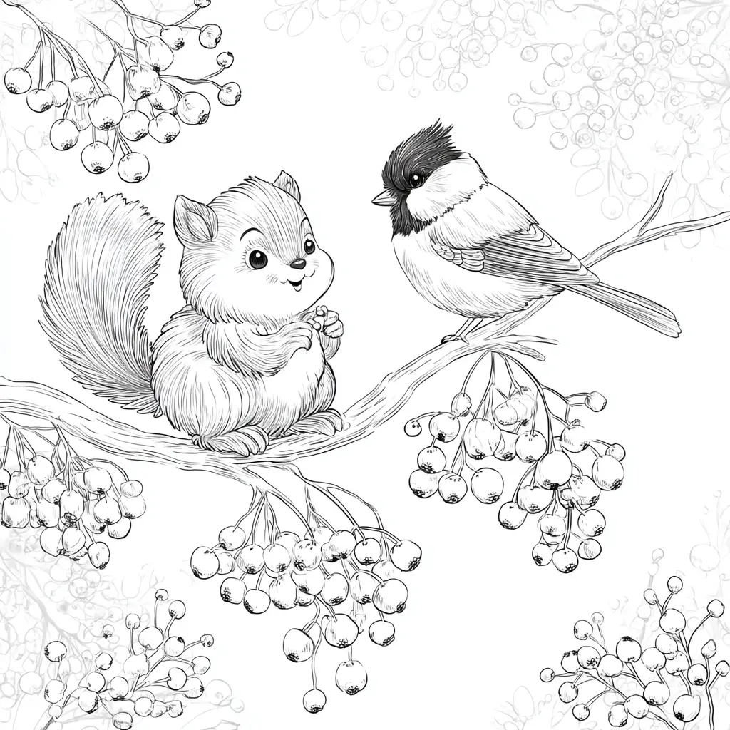 Dibujo de ardilla junto a un camachuelo para colorear Dibujo de ardilla junto a un camachuelo para colorear