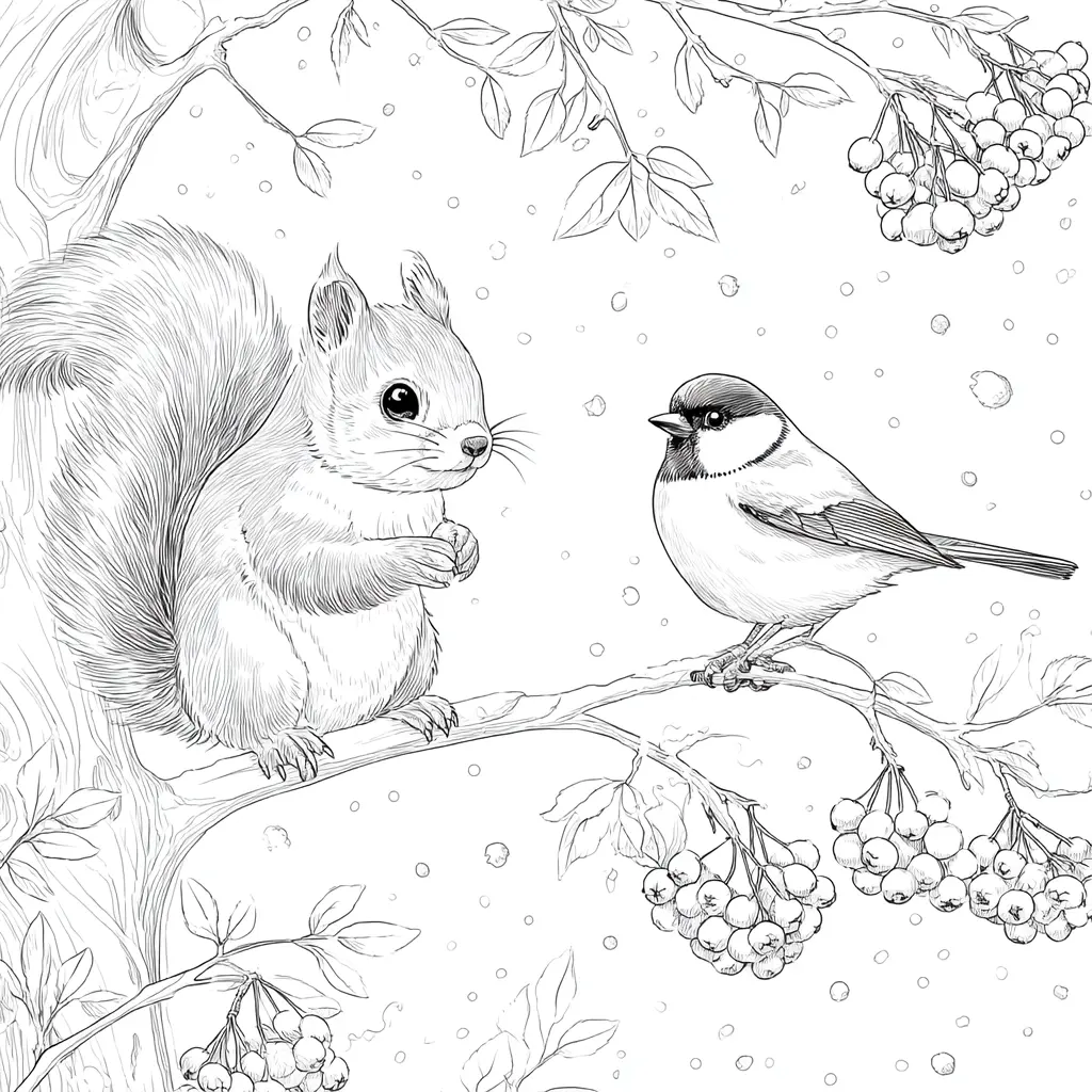 Dibujo de ardilla, pájaro y bayas de serbal para colorear Dibujo de ardilla, pájaro y bayas de serbal para colorear