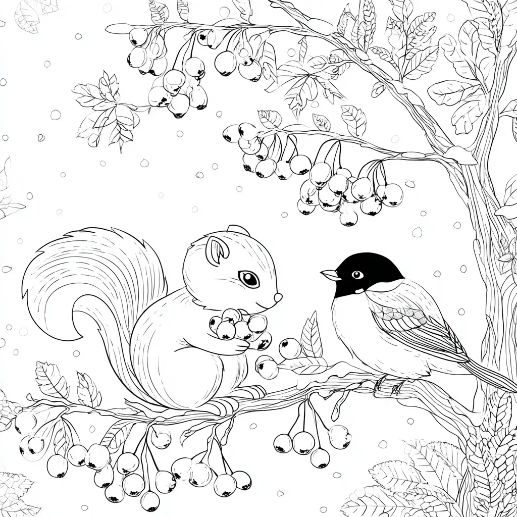 Dibujo de ardilla y camachuelo sobre la rama para colorear Dibujo de ardilla y camachuelo sobre la rama para colorear