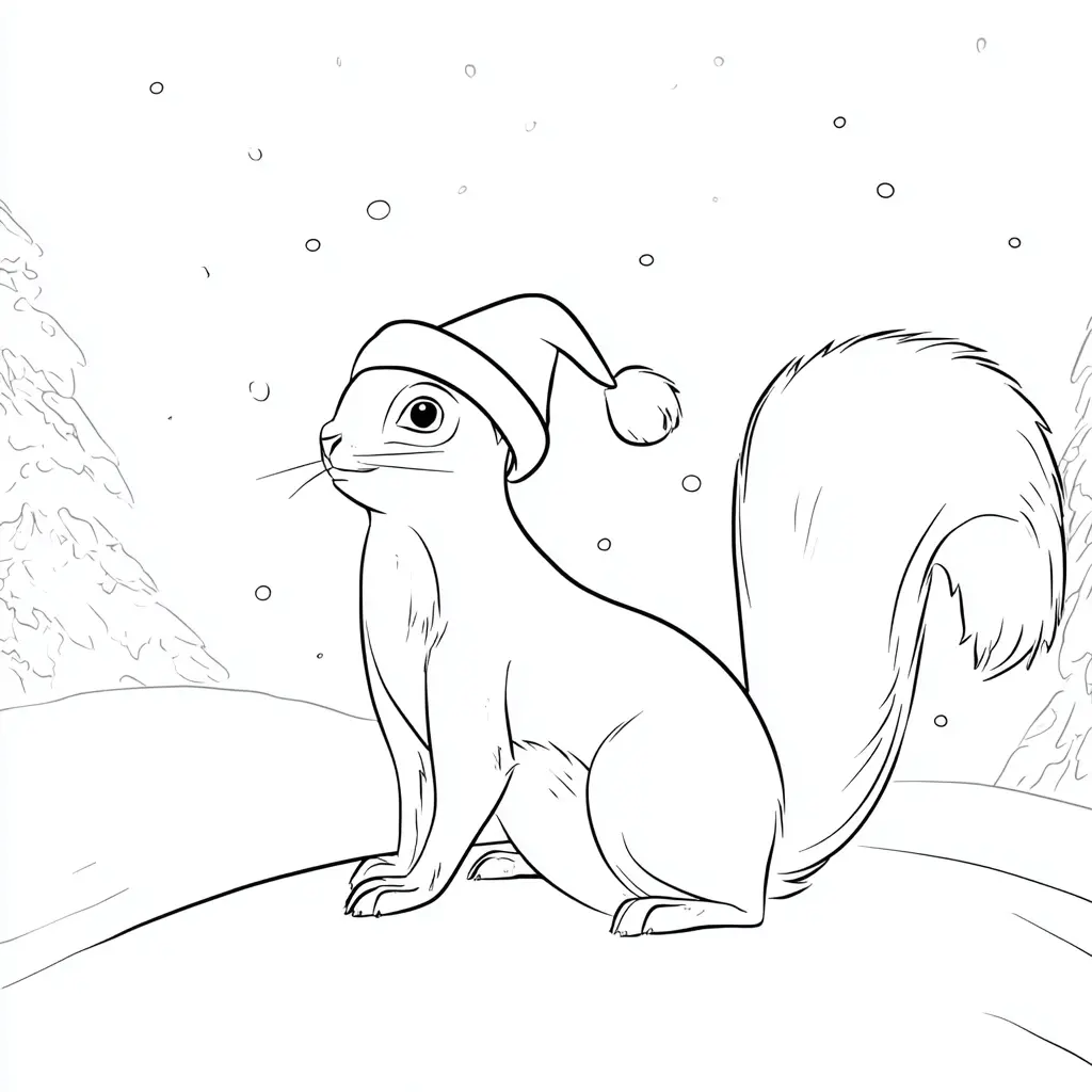Dibujo de ardilla navideña contempla la nieve para colorear Dibujo de ardilla navideña contempla la nieve para colorear