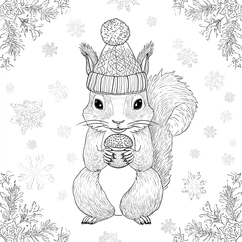 Dibujo de ardilla entre copos y hojas secas para colorear Dibujo de ardilla entre copos y hojas secas para colorear