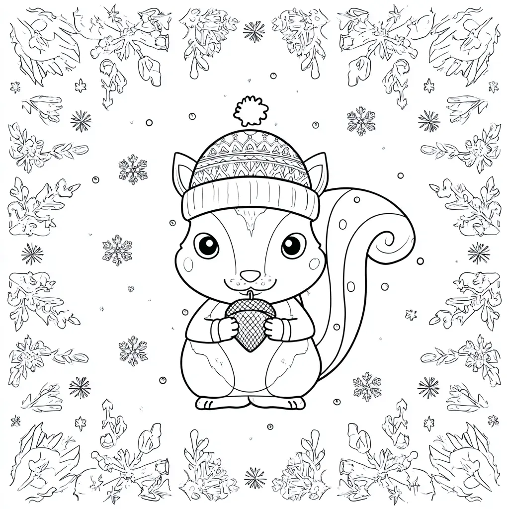 Dibujo de ardilla con marco invernal para colorear Dibujo de ardilla con marco invernal para colorear