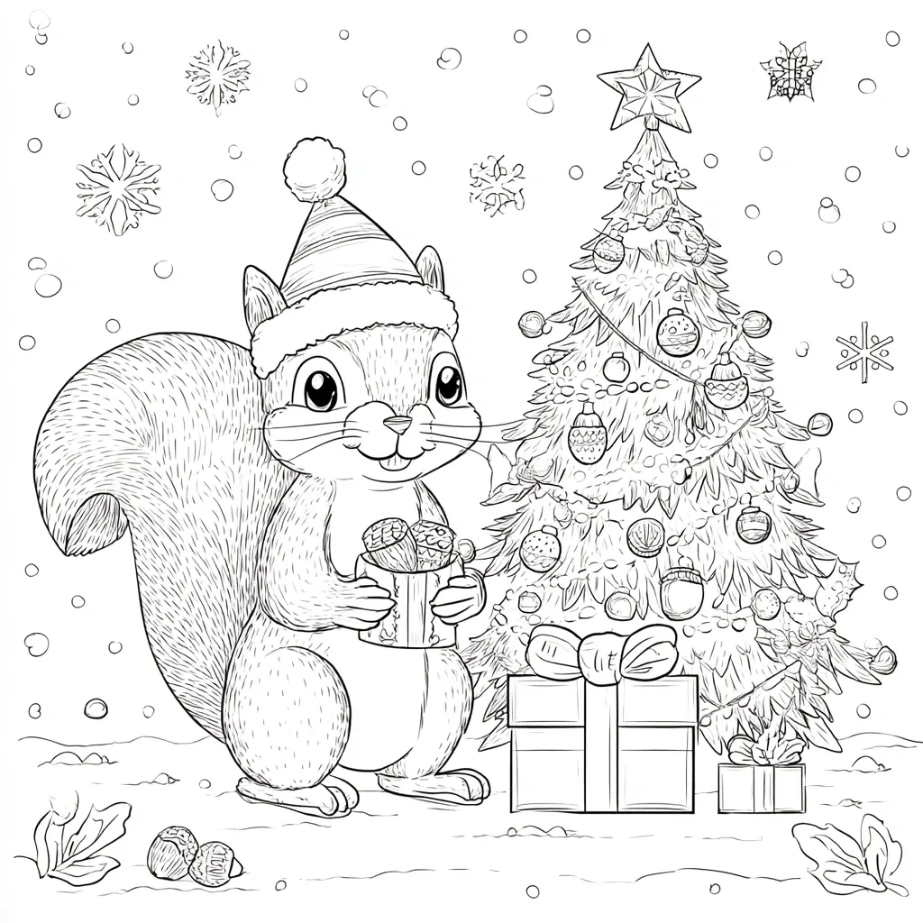 Dibujo de ardilla feliz con regalos navideños para colorear Dibujo de ardilla feliz con regalos navideños para colorear