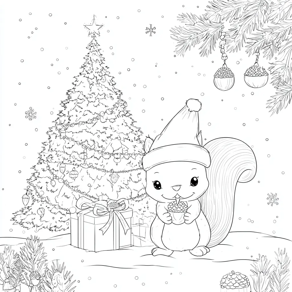 Dibujo de escena navideña con ardilla para colorear Dibujo de escena navideña con ardilla para colorear
