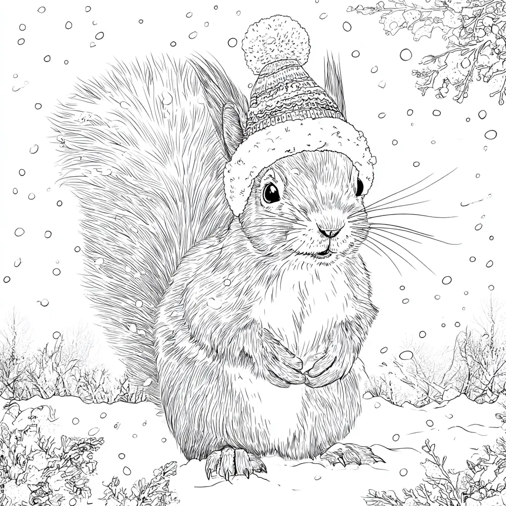 Dibujo de una ardilla realista en invierno para colorear Dibujo de una ardilla realista en invierno para colorear