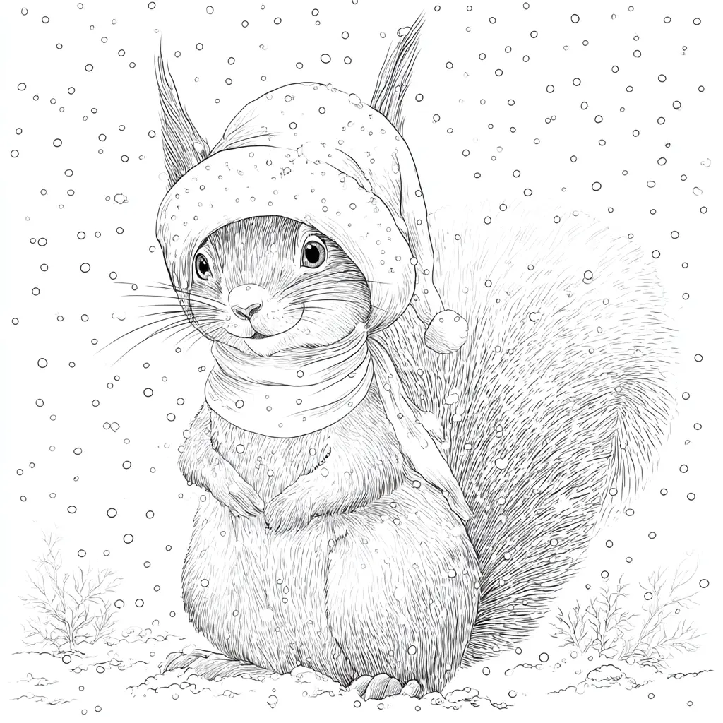 Dibujo de ardilla abrigadita bajo la nieve para colorear Dibujo de ardilla abrigadita bajo la nieve para colorear