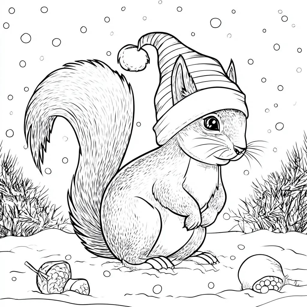 Dibujo de ardilla con gorro en la nieve para colorear Dibujo de ardilla con gorro en la nieve para colorear