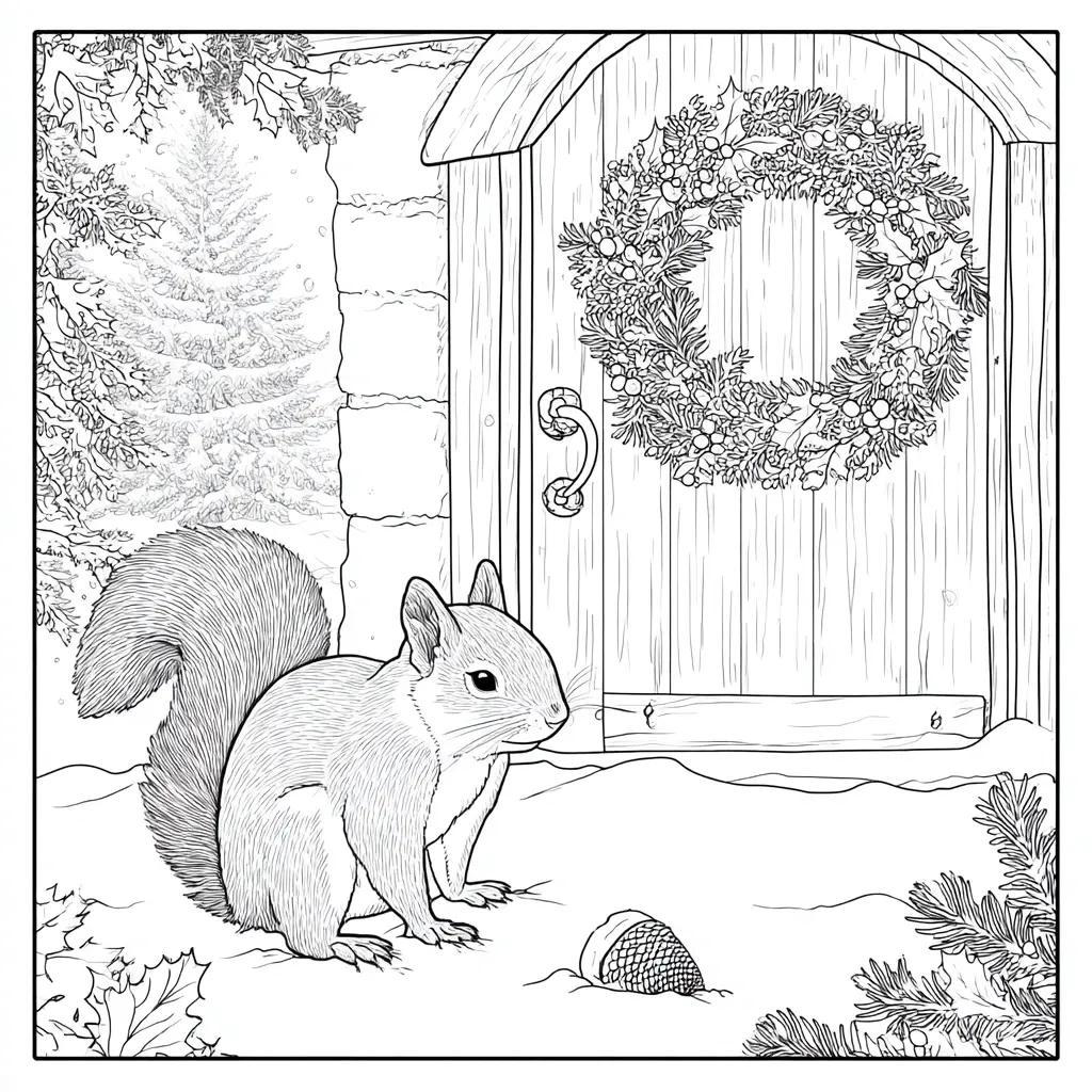 Dibujo de ardilla junto a la puerta en Navidad para colorear Dibujo de ardilla junto a la puerta en Navidad para colorear