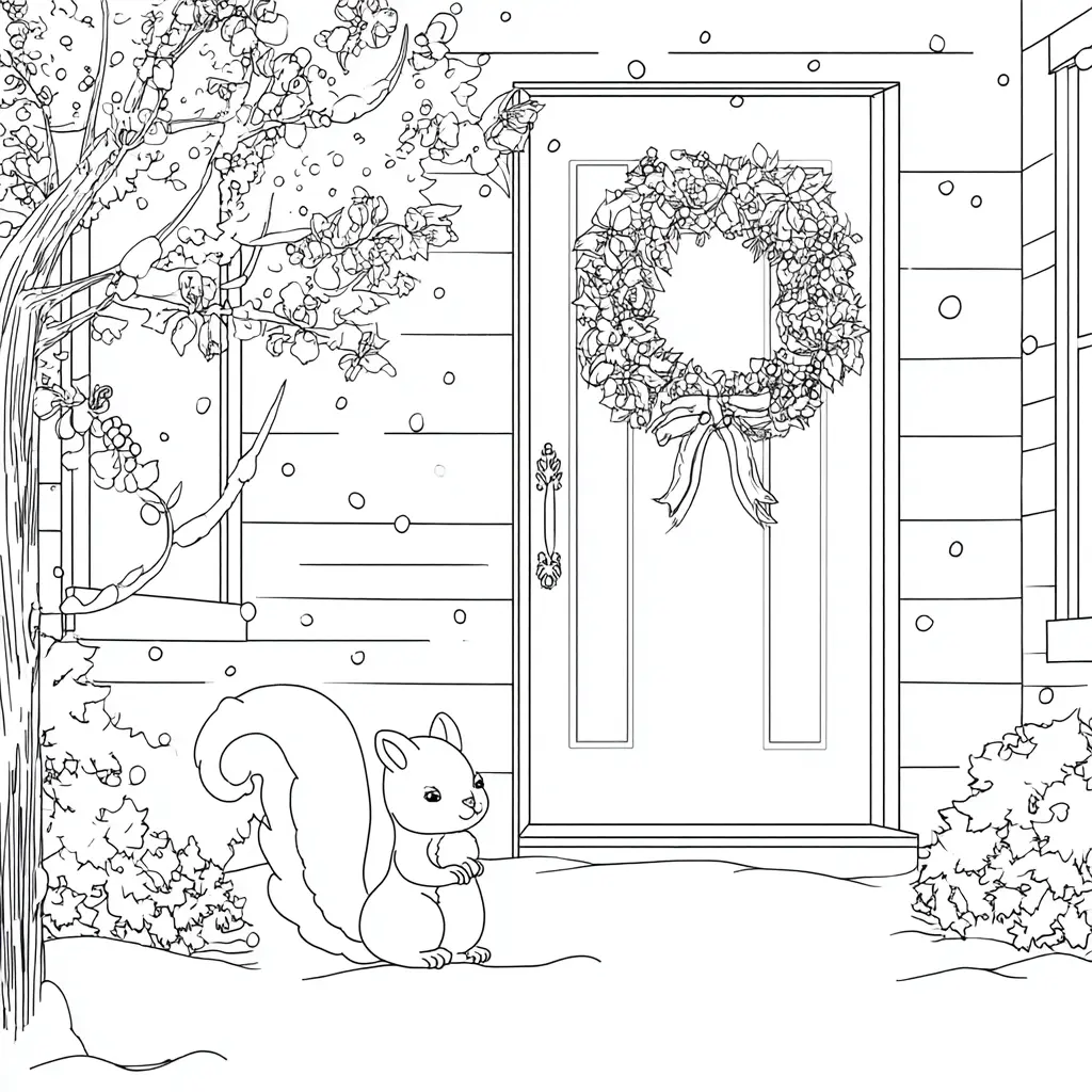 Dibujo de ardillita y la puerta con guirnalda para colorear Dibujo de ardillita y la puerta con guirnalda para colorear