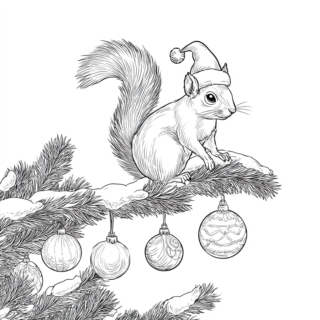 Dibujo de navideña ardilla en ramita de bolas para colorear Dibujo de navideña ardilla en ramita de bolas para colorear