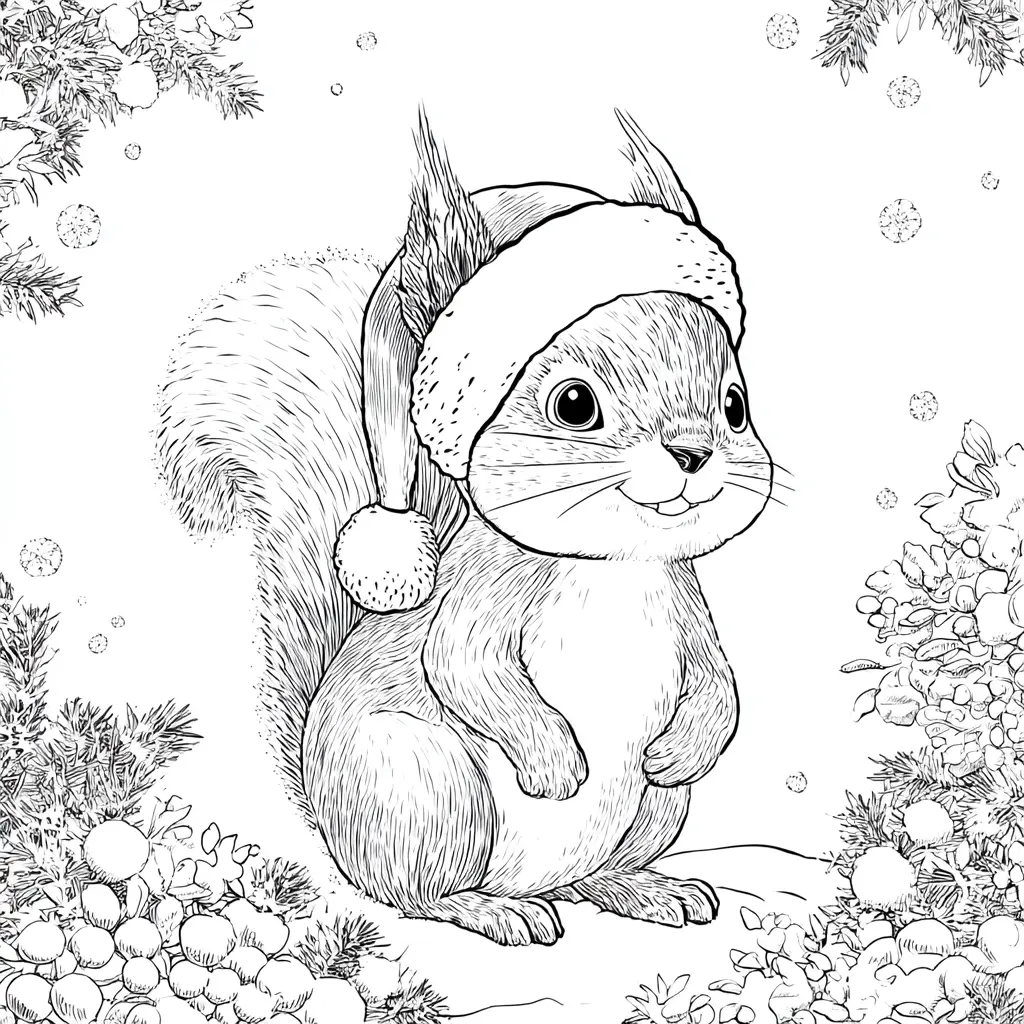 Dibujo de ardilla en entorno navideño para colorear Dibujo de ardilla en entorno navideño para colorear