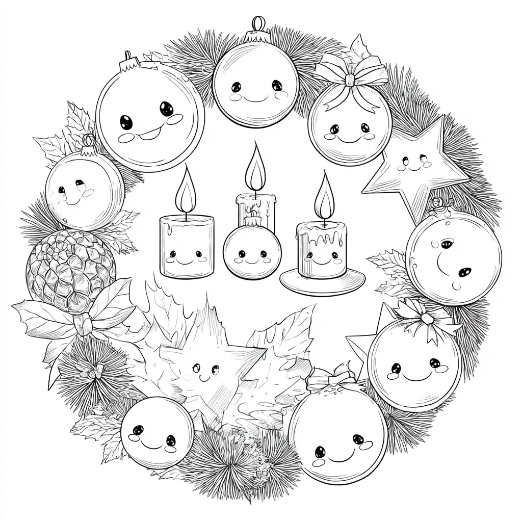 Dibujo de centro kawaii de bolas navideñas para colorear Dibujo de centro kawaii de bolas navideñas para colorear
