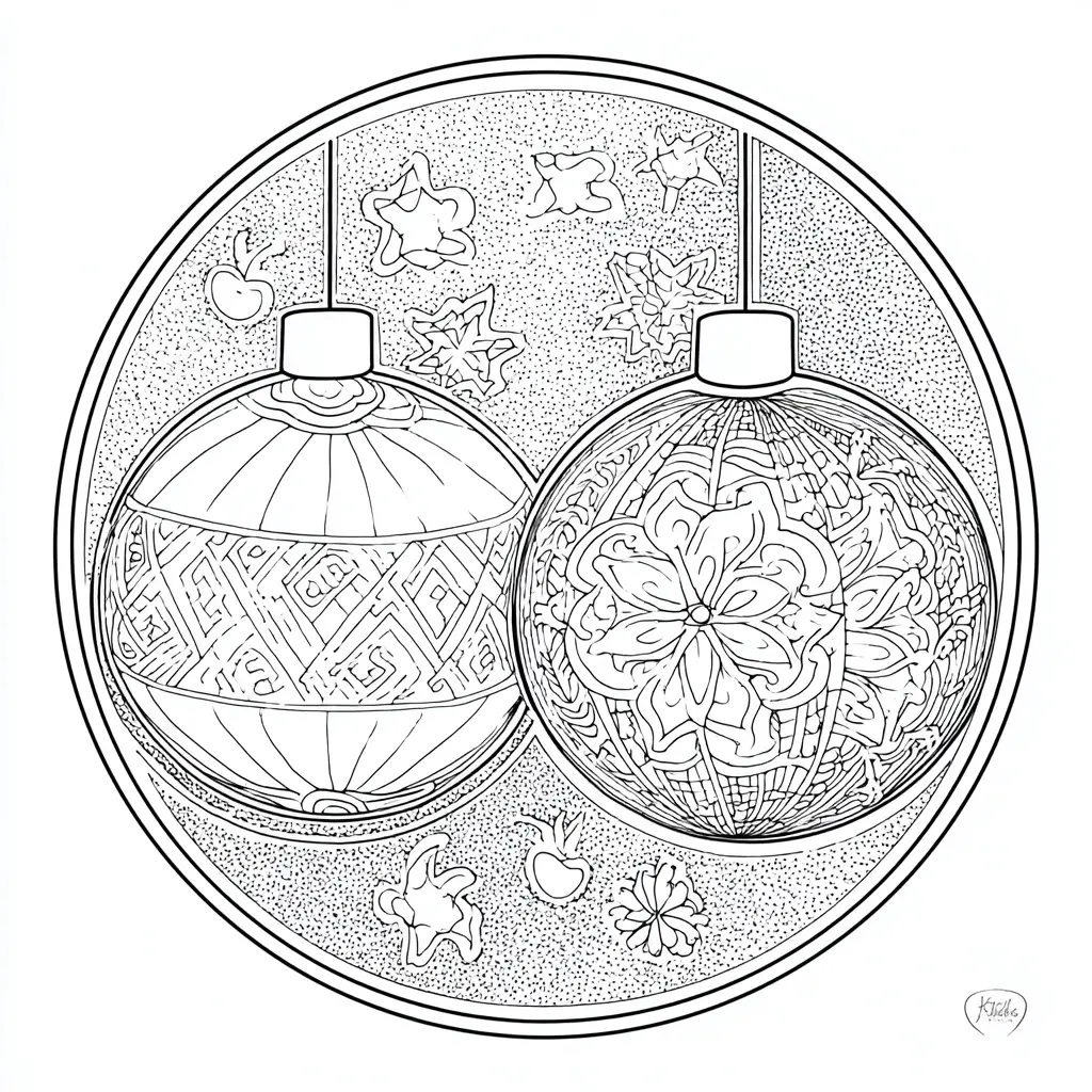 Dibujo de mandala de dos bolas navideñas para colorear Dibujo de mandala de dos bolas navideñas para colorear