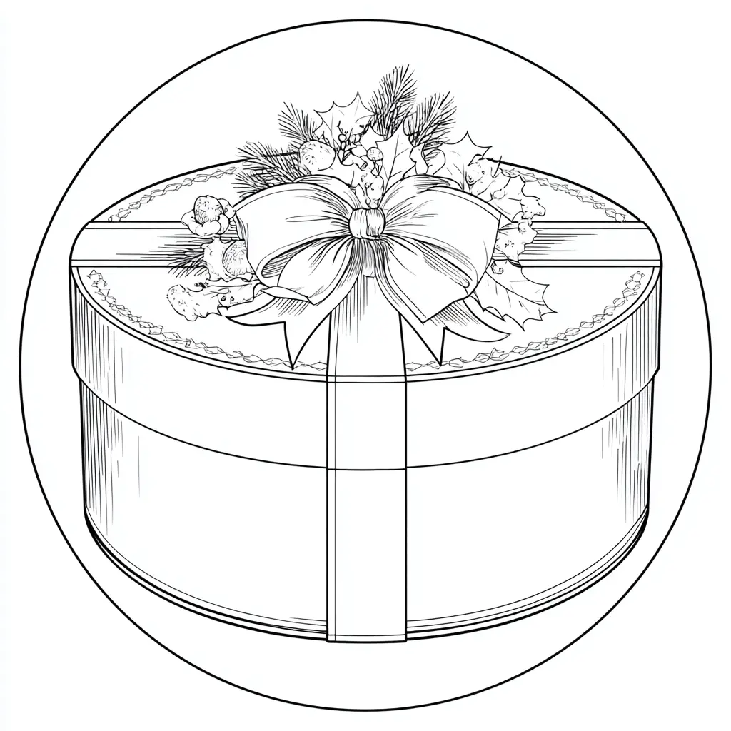 Dibujo de caja redonda navideña con lazo para colorear