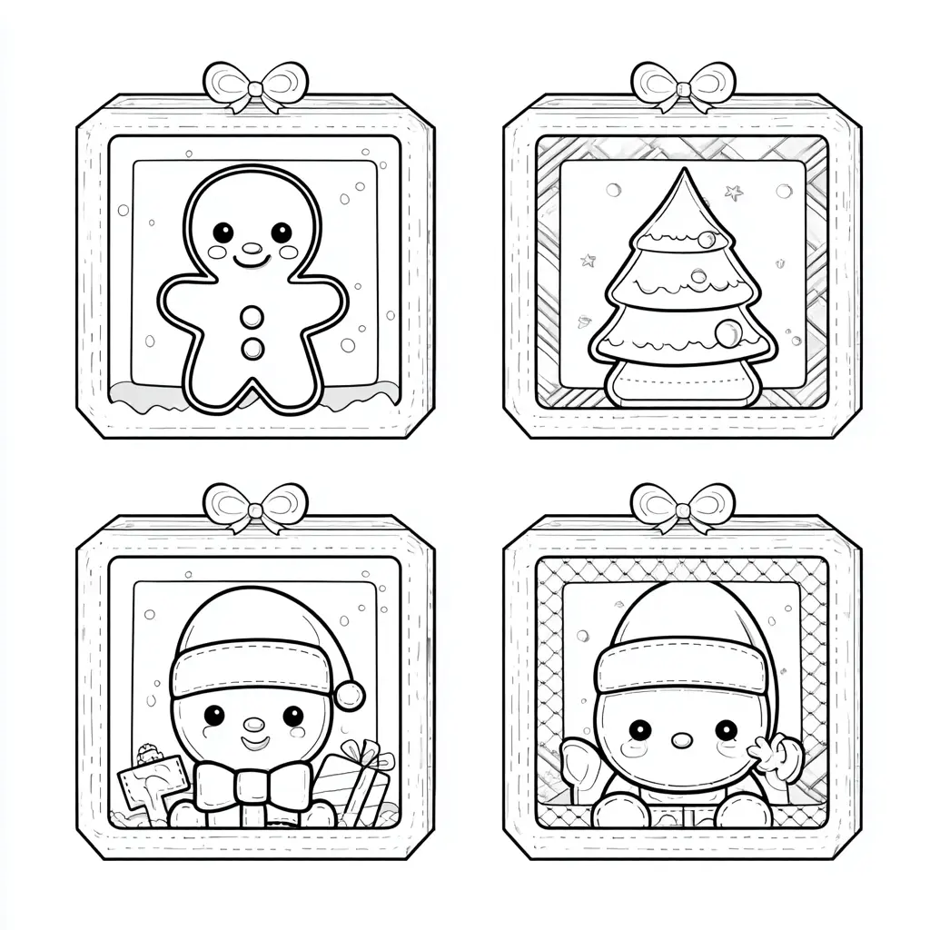 Dibujo de cuatro cajas estilo navideño para colorear