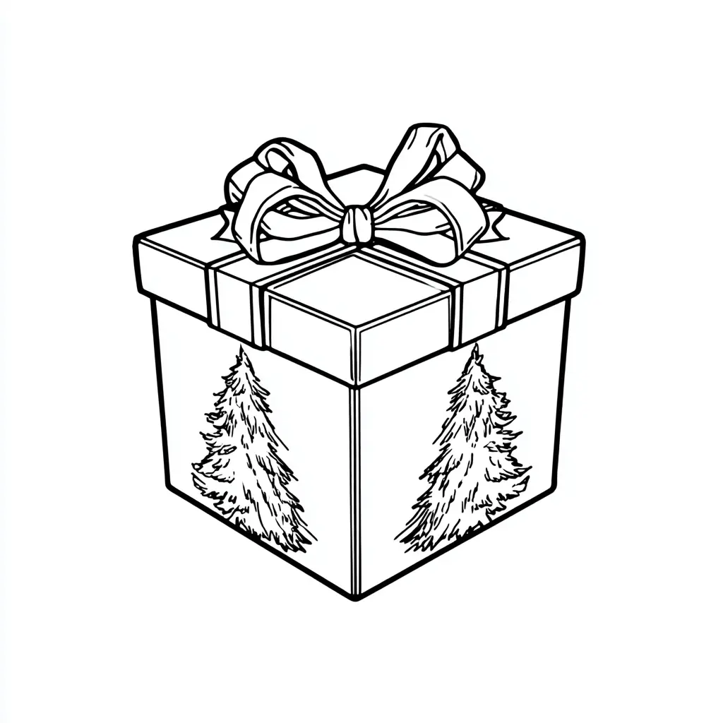 Dibujo de caja navideña con árbol para colorear