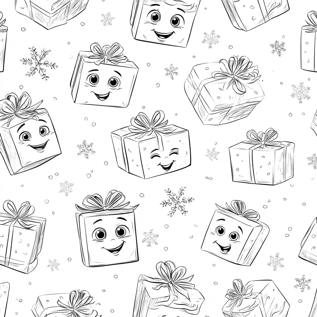 Dibujo de cajas sorpresas Navidad kawaii para colorear