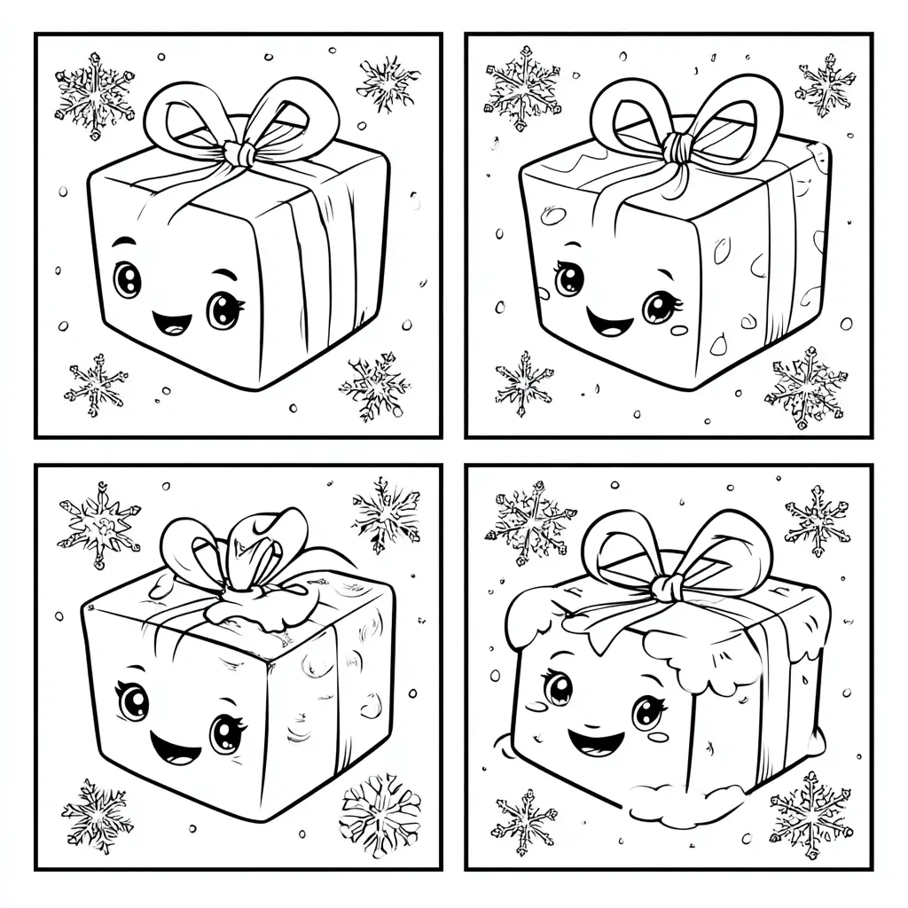 Dibujo de cuatro cajas de regalo kawaii para colorear