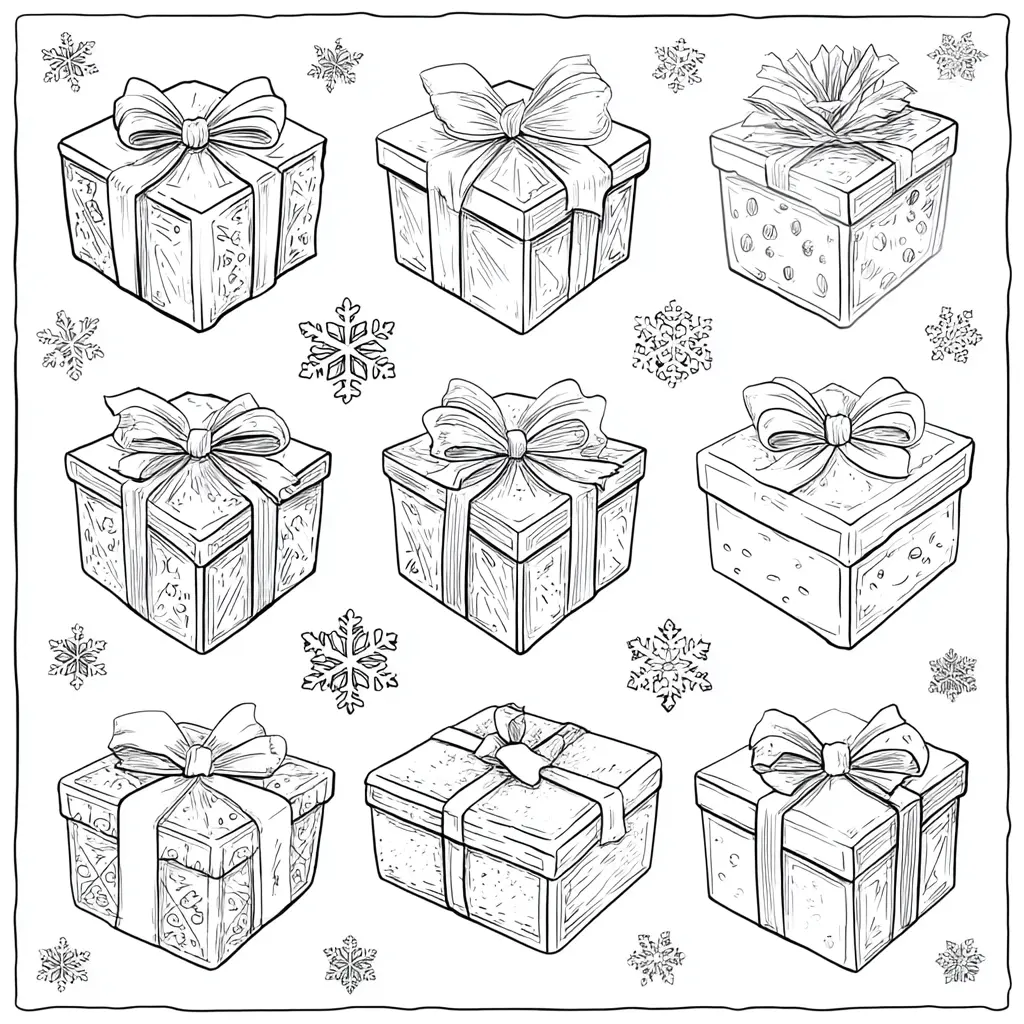 Dibujo de varias cajas de regalos navideños para colorear