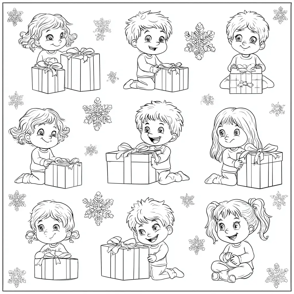 Dibujo de niños felices con regalos para colorear