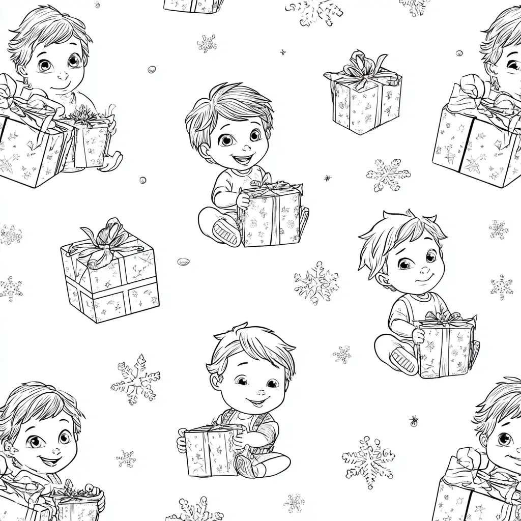 Dibujo de niños abriendo cajas de regalos para colorear