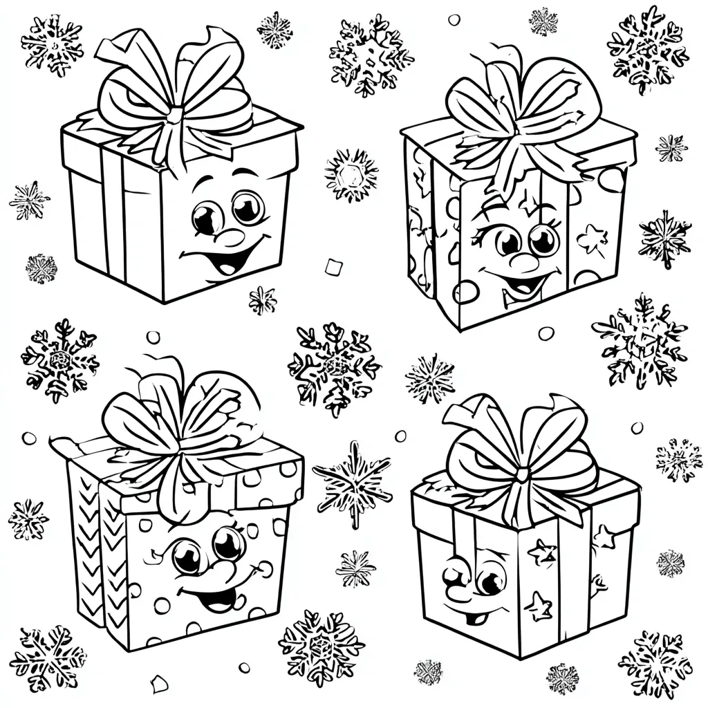 Dibujo de cajas sonrisas de Navidad kawaii para colorear