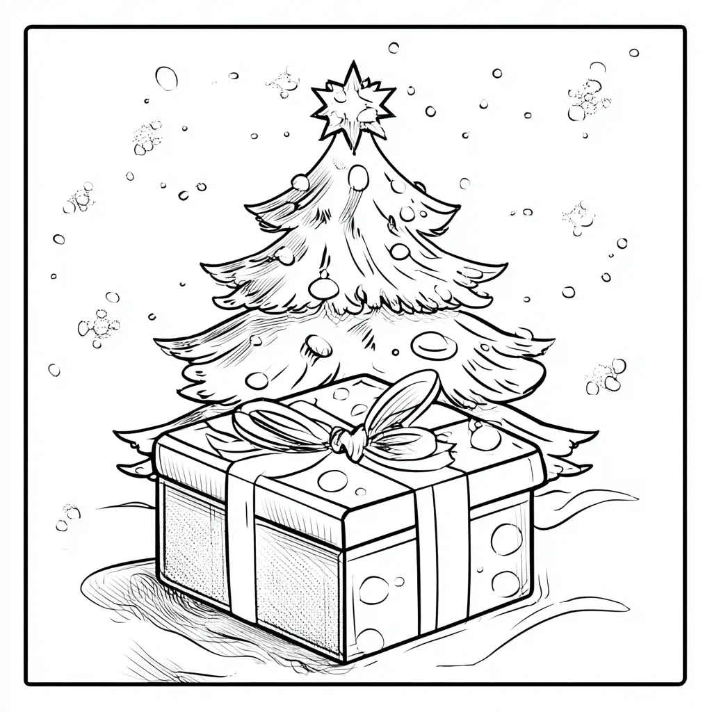 Dibujo de caja sorpresa y árbol de Navidad para colorear