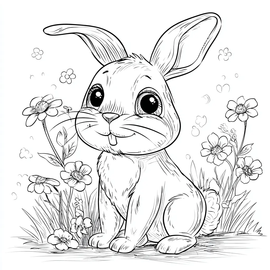 Dibujo de conejito entre flores para colorear Dibujo de conejito entre flores para colorear