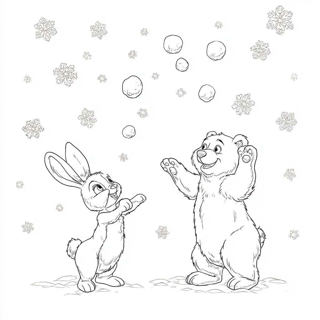 Dibujo de conejo con osito en la nieve para colorear Dibujo de conejo con osito en la nieve para colorear