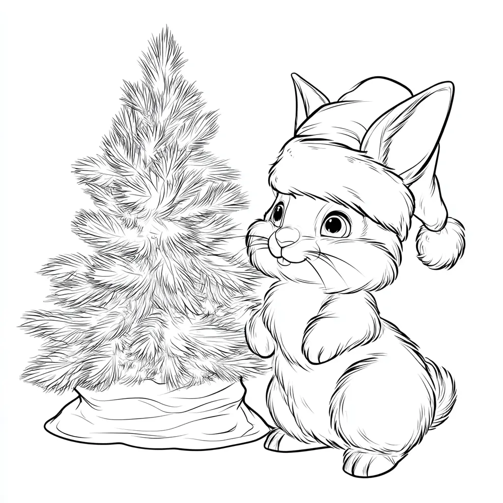 Dibujo de conejito navideño junto al árbol para colorear Dibujo de conejito navideño junto al árbol para colorear