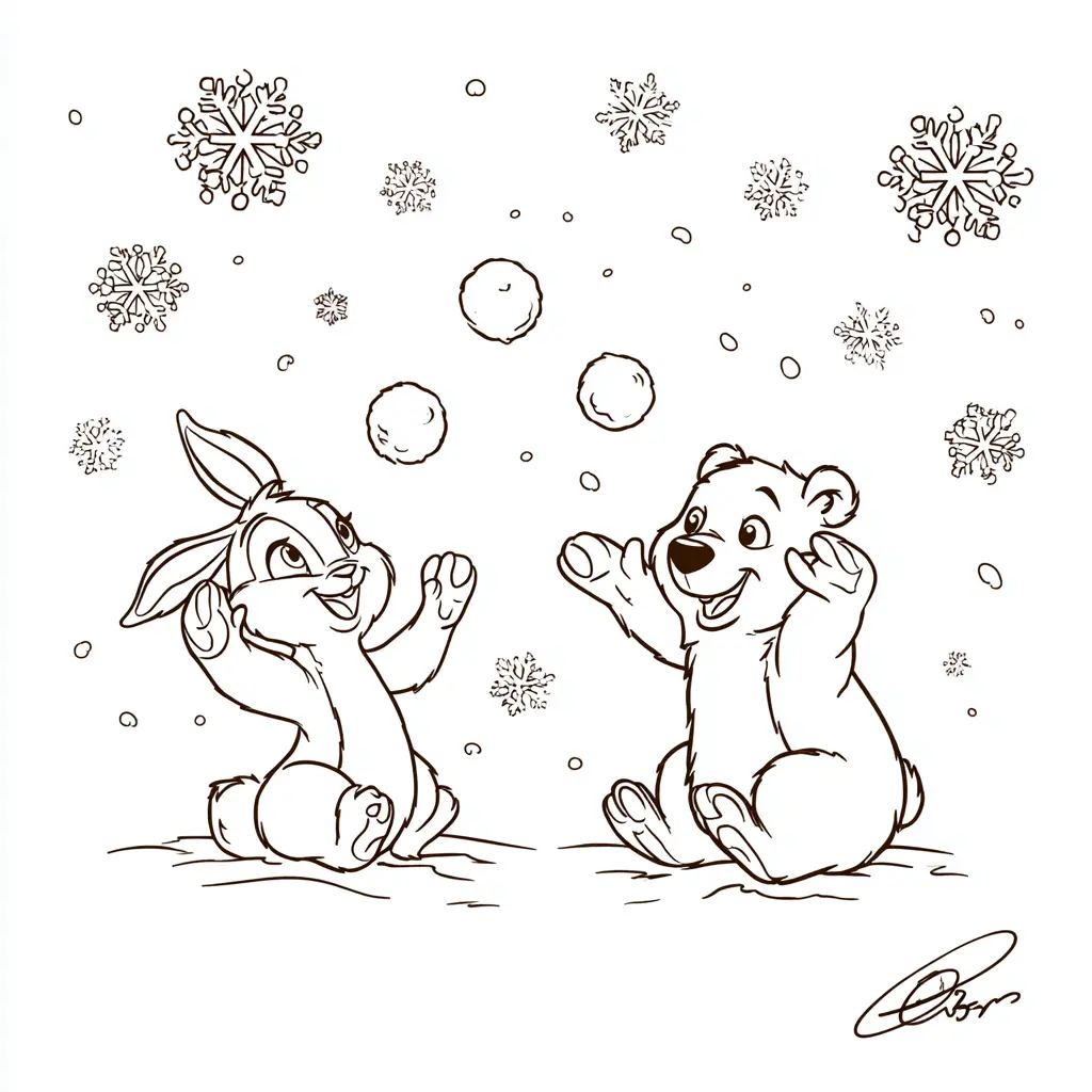 Dibujo de conejo y oso jugando en la nieve para colorear Dibujo de conejo y oso jugando en la nieve para colorear