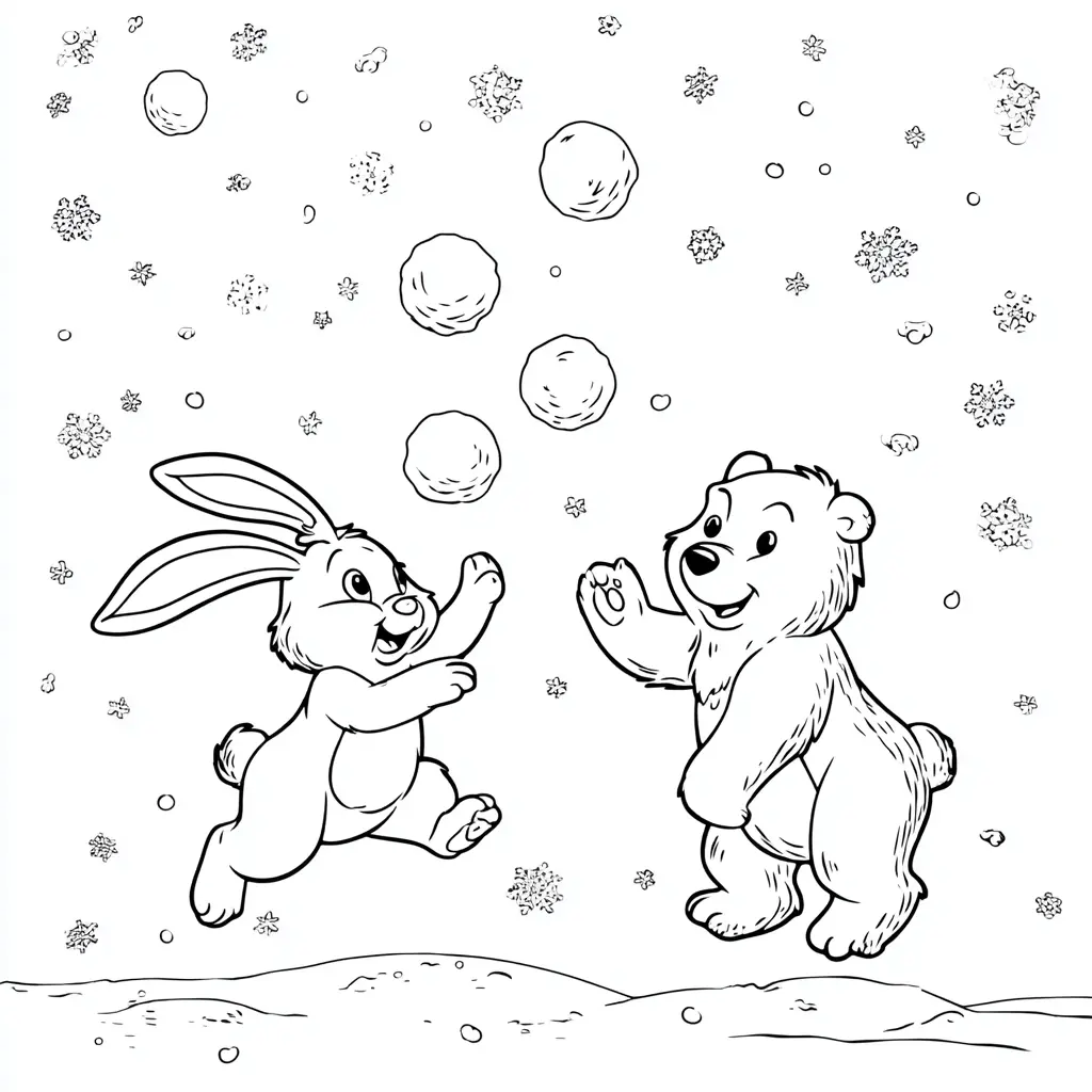 Dibujo de conejo y oso con bolas de nieve para colorear Dibujo de conejo y oso con bolas de nieve para colorear