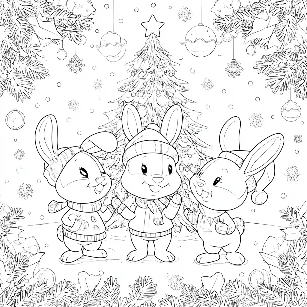 Dibujo de tres conejitos en Navidad para colorear Dibujo de tres conejitos en Navidad para colorear