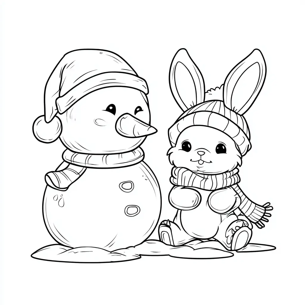 Dibujo de conejito y muñeco de nieve para colorear Dibujo de conejito y muñeco de nieve para colorear